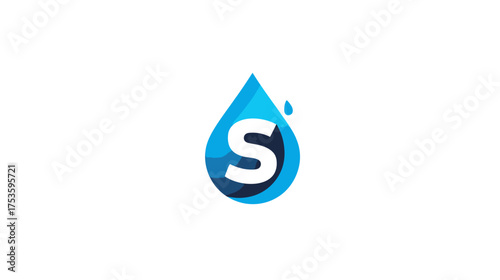 Abstract blue water droplet symbol with white letter S. Modern design for purity, liquid, or clean services. Graphic element on white.