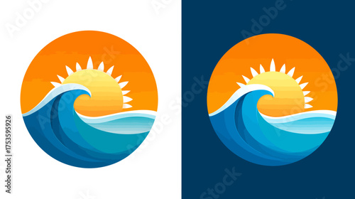 Modern stylized sun and ocean wave logo graphic in a circular design, vibrant summer seascape symbol, beach travel icon