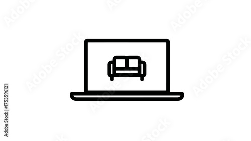 Online furniture shopping concept with a laptop displaying a sofa icon. E-commerce for home decor and interior design.