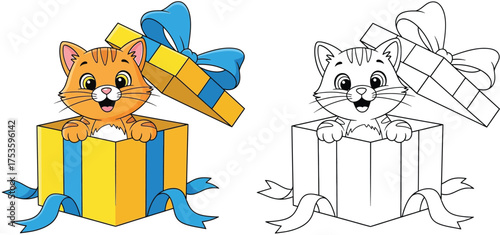 Adorable Kitten in a Gift Box - Cute Cartoon Cat with Ribbon, Perfect for Celebrations and Pet-Themed Designs