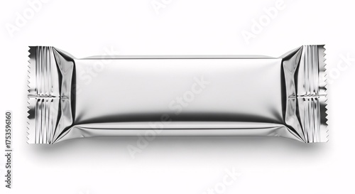 Top view of a blank silver metallic flow pack wrapper for a chocolate or protein bar, a mockup template isolated on a white background.