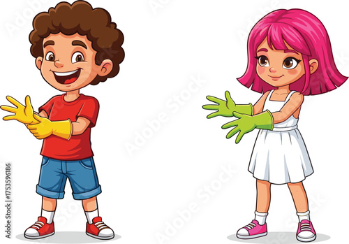 Children putting on gloves, cartoon hygiene preparation scene, playful safety behavior, expressive emotion contrast, task readiness moment, colorful illustration
