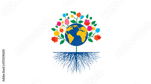 Earth Globe as a vibrant tree with colorful flowers and deep roots, symbolizing global nature, sustainability, and environmental connection.
