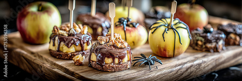 Delicious Halloween-themed desserts are displayed at a festive party. The table is adorned with black and gold balloons, creating a spooky and inviting atmosphere, banner