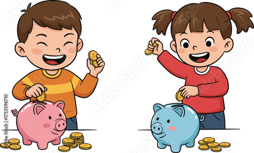Children saving money, cartoon piggy bank scene, financial literacy illustration, playful coin activity, responsible behavior, money management moment, expressive action