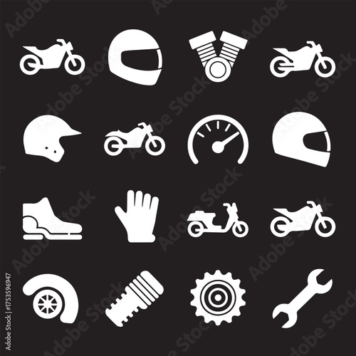 motorcycle symbol collection 16 minimal white icons helmet glove boot engine vtwin piston wrench speed