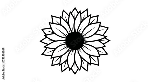 Simple black and white sunflower illustration with detailed petals, elegant floral vector art, nature bloom graphic design element
