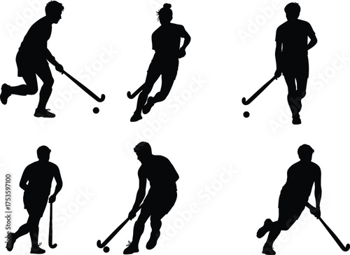 Field hockey silhouettes, sport action, player motion, stick control, dribbling technique, athletic training, competition scene, outdoor game, recreation activity, dynamic skill