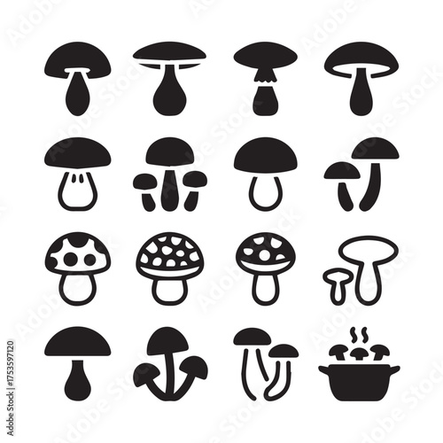 mushroom icons vector set black and white lineart silhouettes for mycology illustrations culinary branding and app design