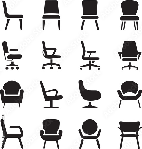 set of 16 black chair icons minimal seating silhouettes for modern furniture design and UI symbol pack