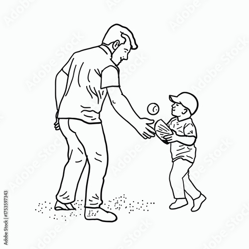Joyful and Inspirational Scene of a Loving Father Patiently Teaching His Enthusiastic Young Son the Fundamentals of Baseball with a Gentle Toss of the Ball on a Bright and Sunny Outdoor Field