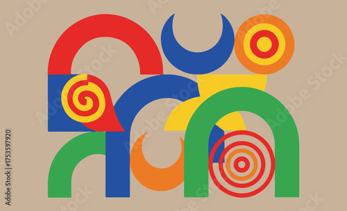 Abstract geometric shapes with swirls and arches in vibrant colors