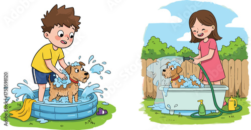Children washing dogs outdoors, cartoon pet care scene, playful hygiene moment, backyard bath activity, emotional contrast, animal behavior, summer cleanup