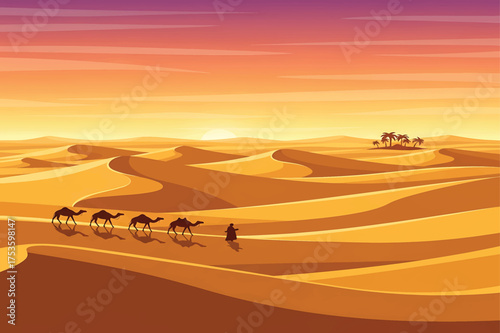 Minimalist arab desert landscape with dunes and sun
