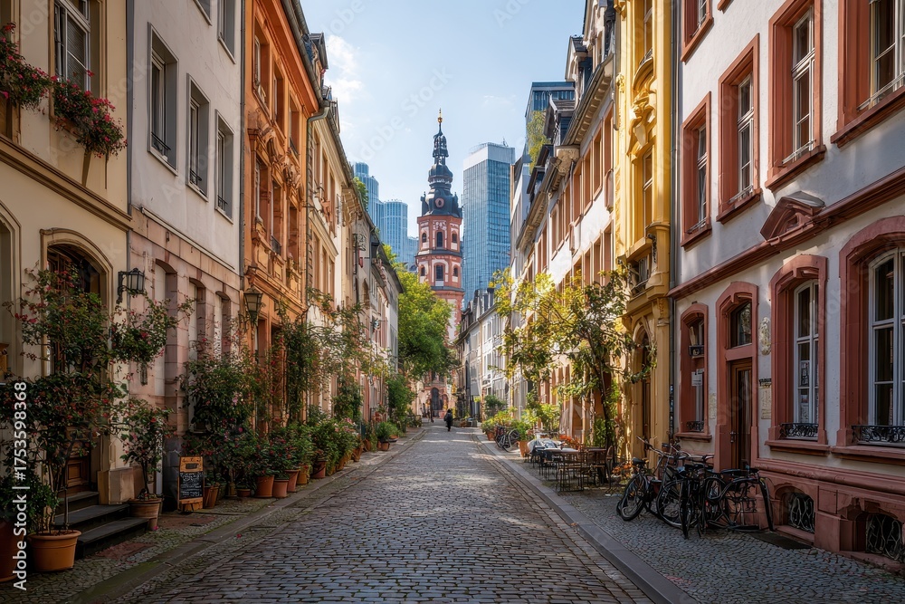 Fototapeta premium Cobblestone street lined with historic buildings and a distant church tower