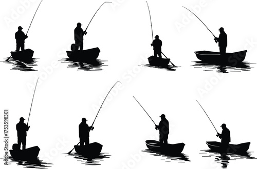 Fishing silhouettes, boat fishing, angler motion, outdoor recreation, water sport, leisure activity, fishing rod, reflection scene, nature lifestyle, peaceful hobby