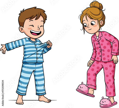 Children wearing pajamas, cartoon bedtime scene, playful morning routine illustration, sleepwear fashion moment, cozy outfit behavior, cheerful expression, fluffy slippers