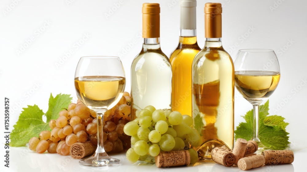 Obraz premium Three bottles of white wine sit next to glasses filled with wine accompanied by fresh green and golden grapes and corks scattered around creating a cheerful atmosphere.