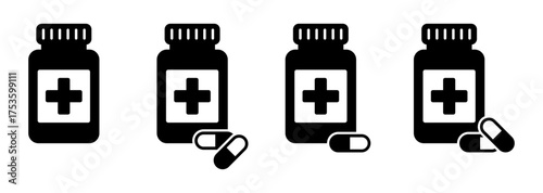 Medicine Bottle and Pills Icon Set – Pharmacy, Healthcare, and Medical Drugs Vector Illustration