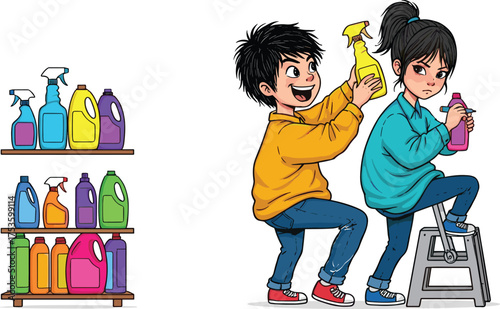 Children with cleaning products, cartoon household scene, playful vs annoyed behavior, spray bottle interaction, emotional contrast illustration, expressive chore moment