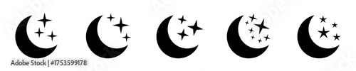 Moonlit Night Icons Set – Crescent Moon and Starry Sky Symbol, Dreamy Night Vector Illustration