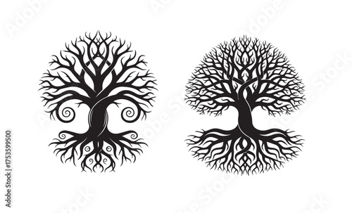 Black silhouette of two stylized trees with intricate roots and branches on a white background vector