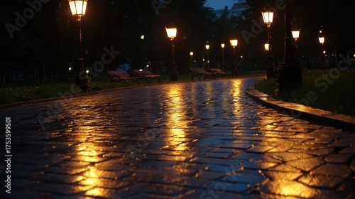 Illuminated pathway with wet paving stones in evening light