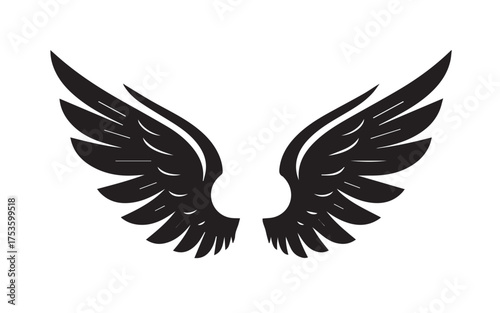 Black silhouette of feathered wings spread wide against a white background feathers