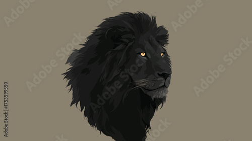 Majestic Black Lion Head Portrait with Piercing Golden Eyes and Dark Mane, Powerful Digital Artwork