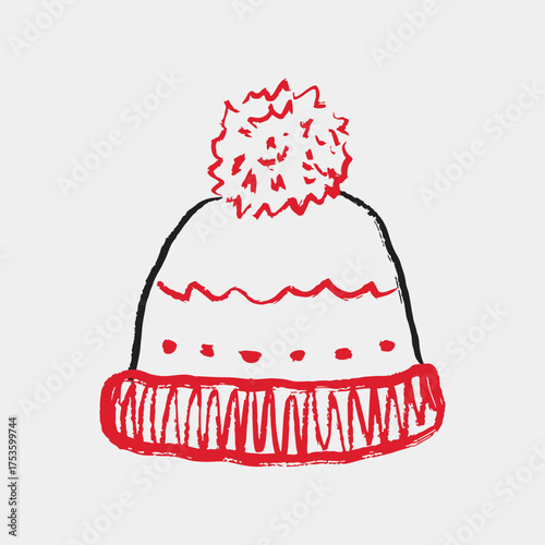 Hand drawn winter hat with a large red pom-pom. Vector sketch illustration in vintage crayon textured style. Winter children clothes, cozy warm symbol