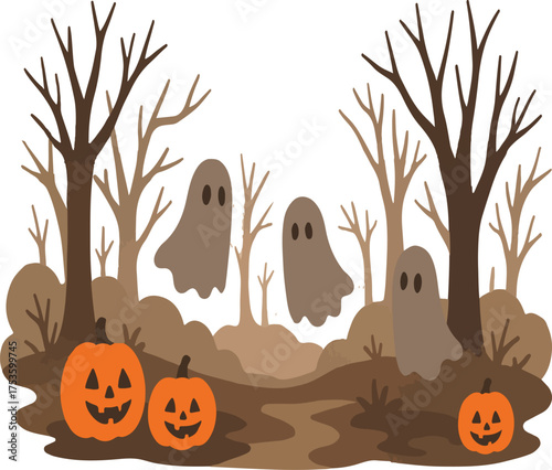 Spooky halloween scene featuring ghosts pumpkins and bare trees