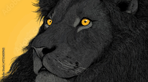 Close-up portrait of a majestic black lion with striking yellow eyes, featuring dark fur against a vibrant yellow background, digital art