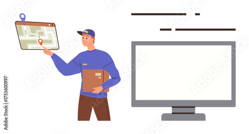 Delivery person pointing to digital map with location pin while holding a parcel. Ideal for logistics, e-commerce, parcel tracking, delivery services, supply chain, online shopping, simple flat