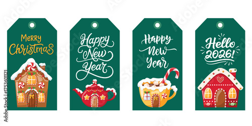 Christmas and New Year Gift Tags with Gingerbread Houses