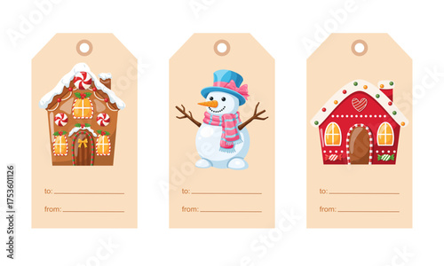 Christmas Gift Tags with Gingerbread Houses and Snowman
