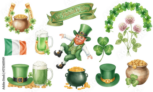 Watercolor Leprechaun and St. Patrick's Day Celebration Set