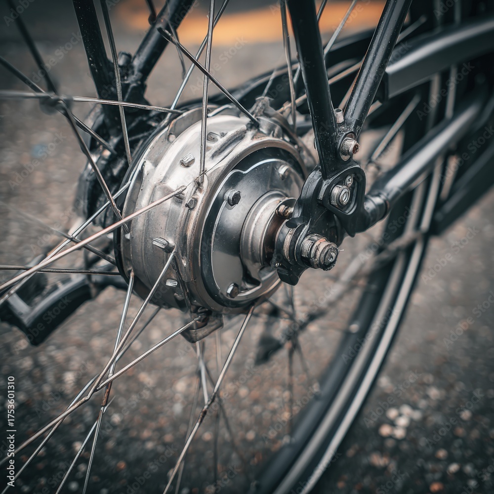 Fototapeta premium Close up of bicycle wheel hub with spokes and brake elements