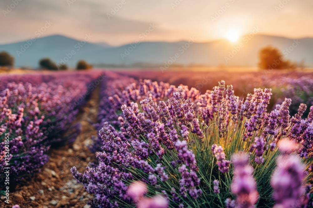 Fototapeta premium Scenic lavender field under golden sunset light, with blurred mountain range in the background, creating a tranquil and aromatic floral landscape in France, Europe.