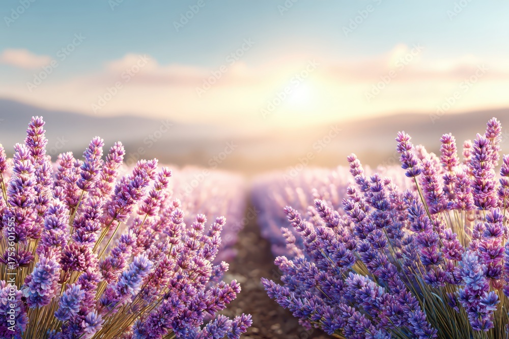 Fototapeta premium A serene lavender field at sunrise, showcasing rows of purple flowers under a pastel sky, with a warm glow illuminating the tranquil scene and distant hills.