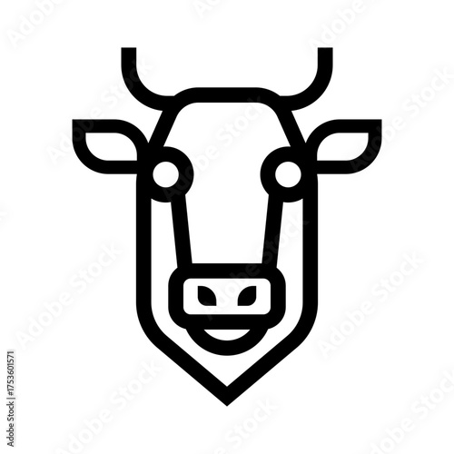 Minimal vector icon of a cow head with geometric lines and eco leaves, symbolizing organic farming, dairy products, vegan design, and sustainable agriculture