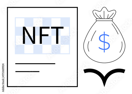 NFT certificate next to a dollar-filled money bag and arrow, symbolizing financial investment, blockchain, cryptocurrency, innovation, ownership, growth, and technology within a simple flat metaphor