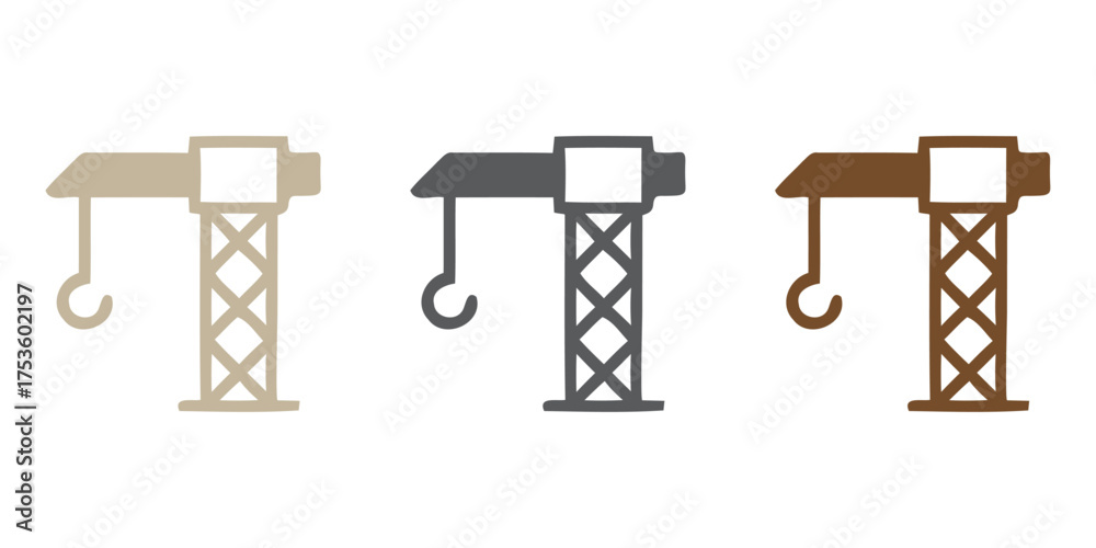 Fototapeta premium Set of three industrial tower cranes in various muted colors, a simple flat vector icon representing construction, heavy lifting, engineering, and urban development.