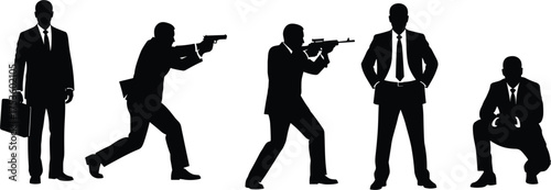 Businessmen in Action, Silhouettes of Secret Agents, Espionage Poses, Corporate Spy Theme, Armed Professionals, Tactical Business Attire, Dramatic Shadow Figures, Isolated on White