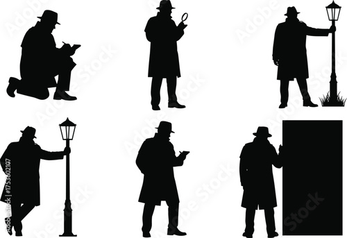 Detective silhouette illustration, trench coat and fedora, mystery poses, streetlamp scene, noir style, investigation concept, spy character, vintage crime theme, vector art
