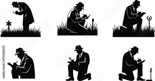 Detective silhouette illustration, magnifying glass poses, trench coat and fedora, clue investigation, forensic search, mystery-solving concept, crime scene analysis, vector art