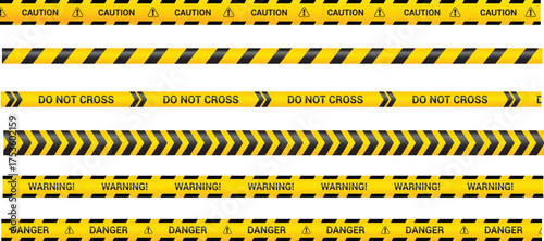 Caution tape set of yellow warning ribbons isolated on white background. Abstract warning lines for police, accident, under construction. Vector illustration of danger tape collection.