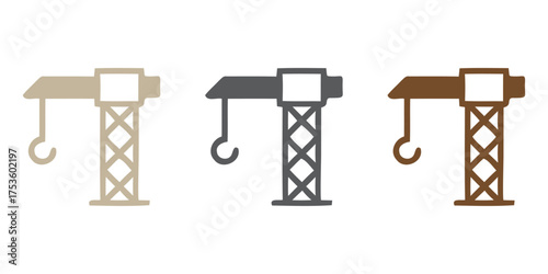 Set of three industrial tower cranes in various muted colors, a simple flat vector icon representing construction, heavy lifting, engineering, and urban development.