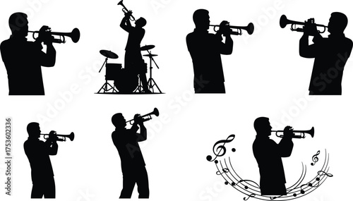 Trumpet player silhouette, brass musician in suit, dynamic musical performance, artistic jazz expression, isolated white background, music notes, instrumental energy