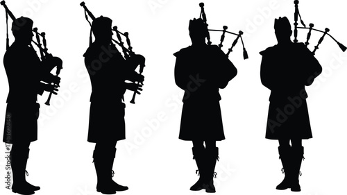 Bagpipe player silhouette, Scottish musician in traditional kilt, cultural music performance, isolated white background, folk heritage, ceremonial pose, artistic sound concept