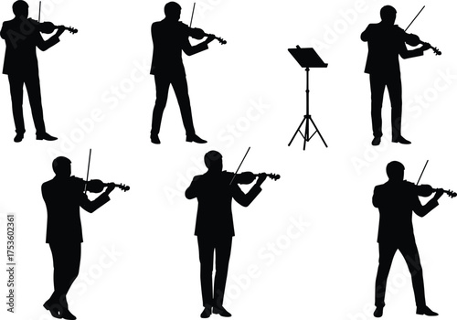 Violinist silhouette collection, classical music performance, standing musician poses, orchestral art, black and white vector, music stand illustration, artistic expression